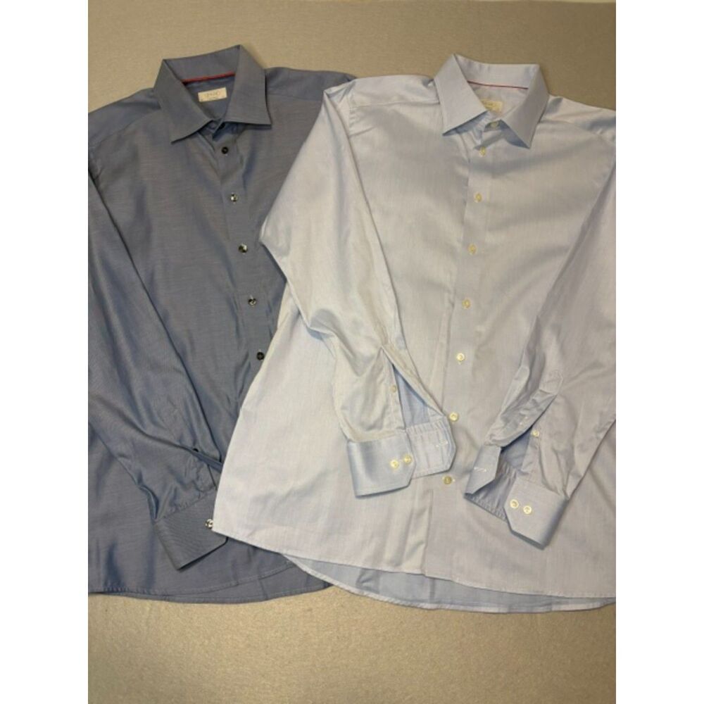2 Men's Eton Long Sleeve Dress Shirts 44/17.5 100% Cotton Blue Prints